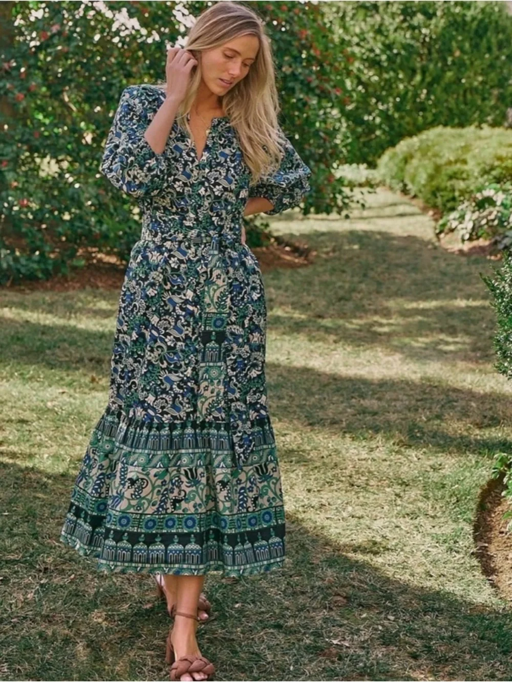 Tuckernuck NEW Batik Floral
Lyles Green Blue Puff Sleeve Belted
Midi-Size Small - Picture 2 of 7